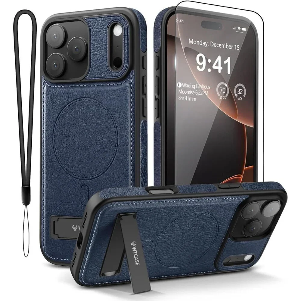 Blue Iphone 17 Pro Max Invisible Stand Protective Slim Kickstand Leather Case